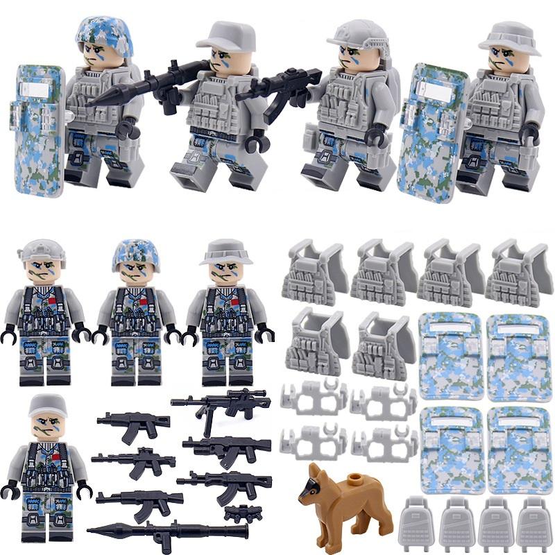 4 teile/los Militär Waffe Marine Corps Camouflage Schild Helm Hund Armee Soldaten MOC Minifiguren Teile Bausteine ​​Geschenk Spielzeug