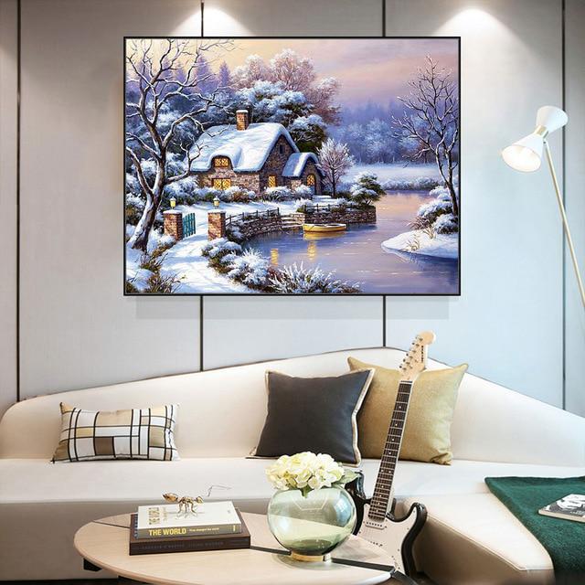 Kreuzstich-Stickset, Saison, Flusshaus, Baumwollfaden, Malerei, DIY-Handarbeit 30X40