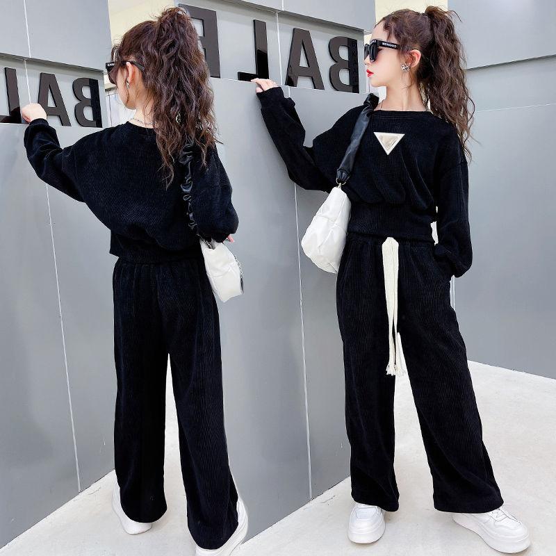 Kinder Mädchen Kleidung Sets Herbst Frühling Langarm Sweatshirt + Breite Bein Hosen Kinder Kleidung Anzüge 130 schwarz