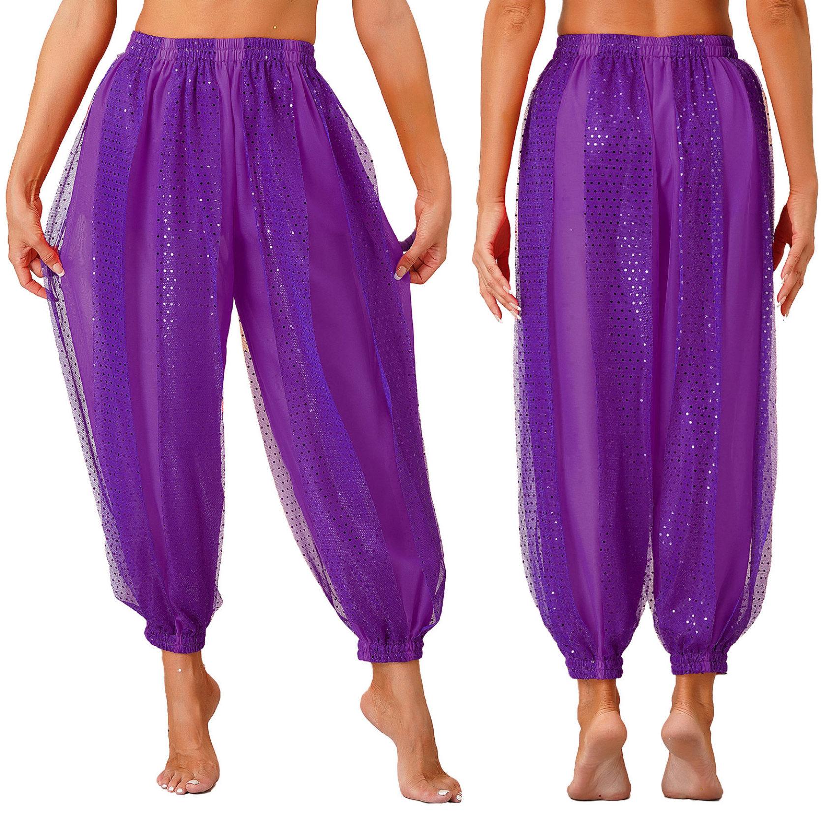 Damen Bauchtanz-Kostüm, Münzen, Laternenhose, seitlich geteilte Pailletten, glänzende Haremshose, arabische Halloween-Hose One Size violett