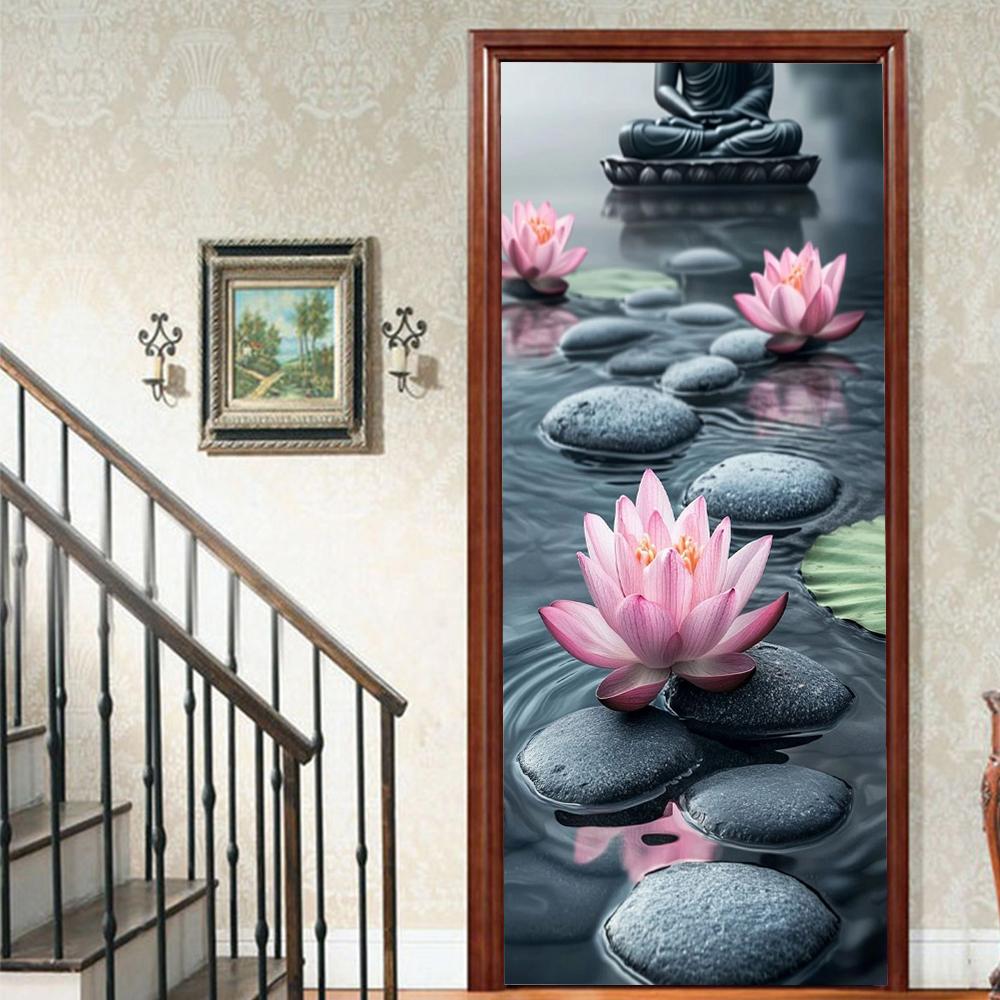 1 Stück Lotus Bambus Veranda Vinyl Türsticker Für Schlafzimmer Heimdeko Selbstklebend Abnehmbares Wandtattoo Türrenovierung Wasserdichtes Poster 77x200cm