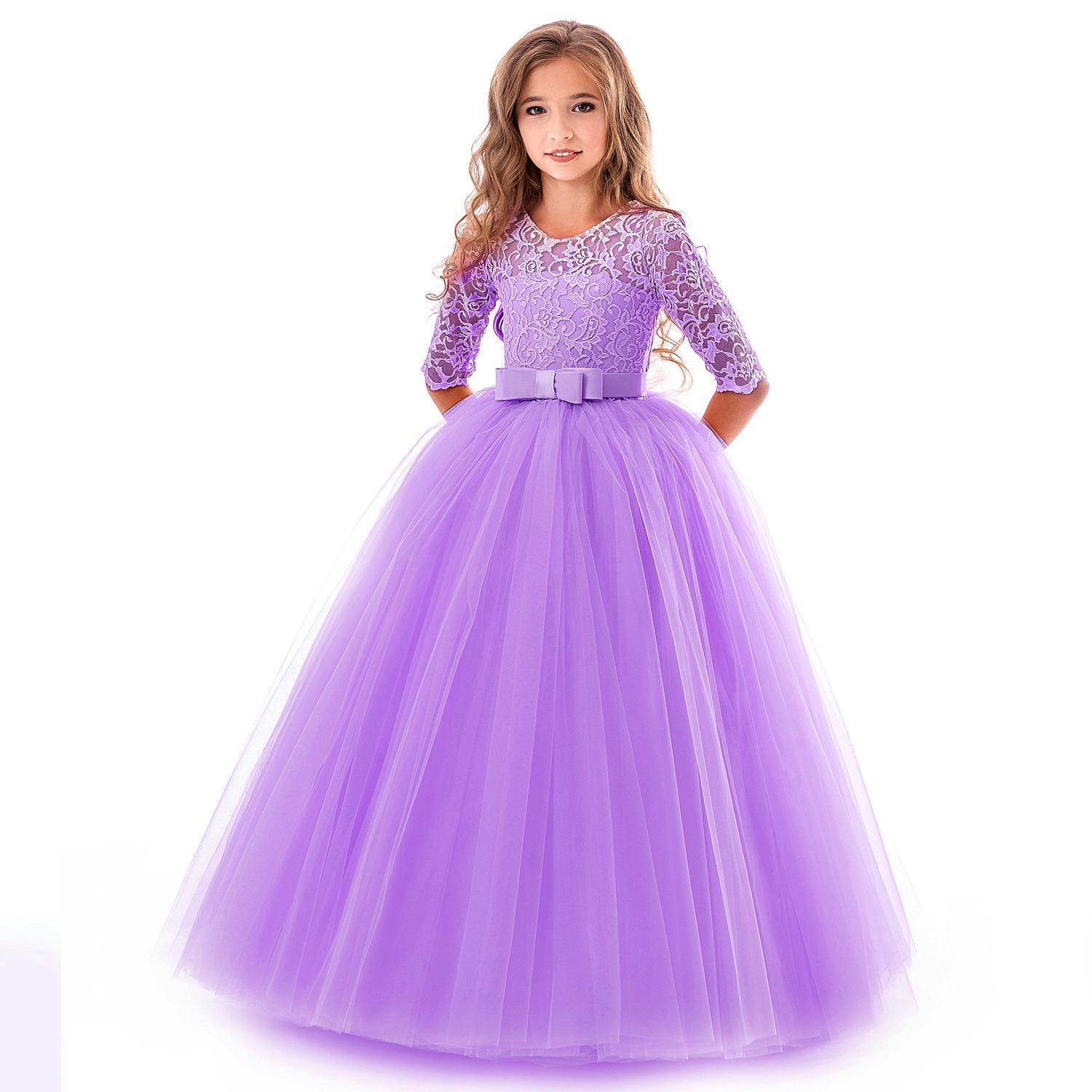 Kinder 3-14 Jahre Prinzessin Partykleid Spitze Lange Ärmel Atmungsaktiv Langer Rock Hochzeit Blumenmädchen Kleid Abend Tutu Kleider 130cm violett