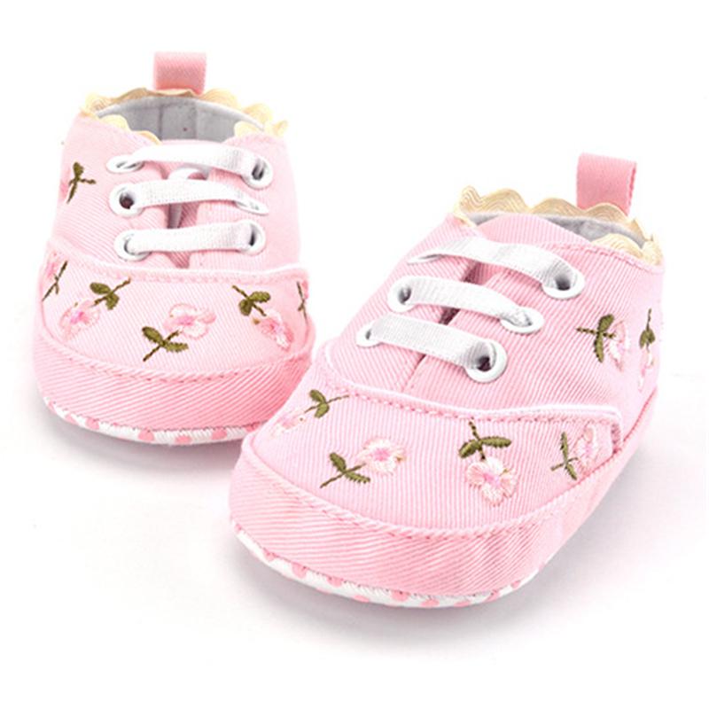 Baby-Schuhe für Mädchen, weiße Spitze, Blumenstickerei, weiche Schuhe, Prewalker-Walking-Schuhe für Kleinkinder 0-6m rosa