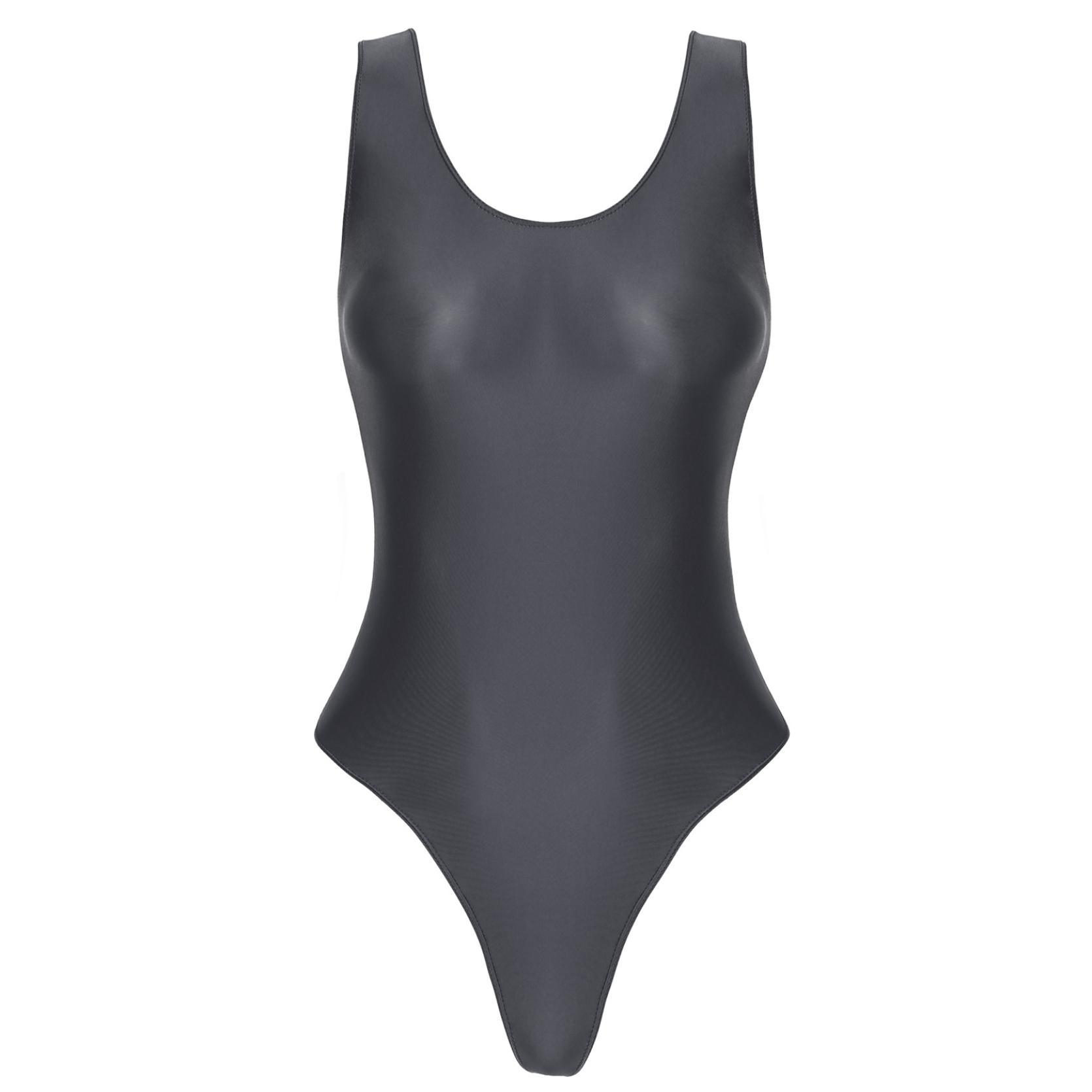 Glänzender, ärmelloser, hoch geschnittener Damen-Body, einteiliger Badeanzug für Yoga, Sport, Fitness, Schwimmen, Bade-Body XL grau