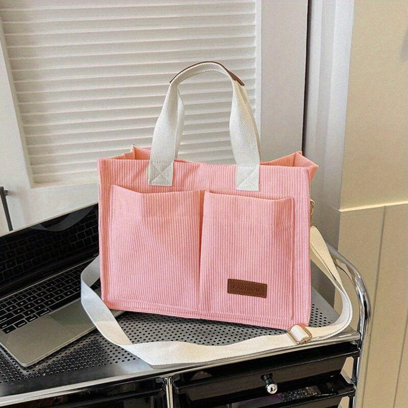 Damen Tote Handtasche Cord Handtasche Brief Patch Dekor Schultertasche Multi Taschen Crossbody Tote Bag Oversized white