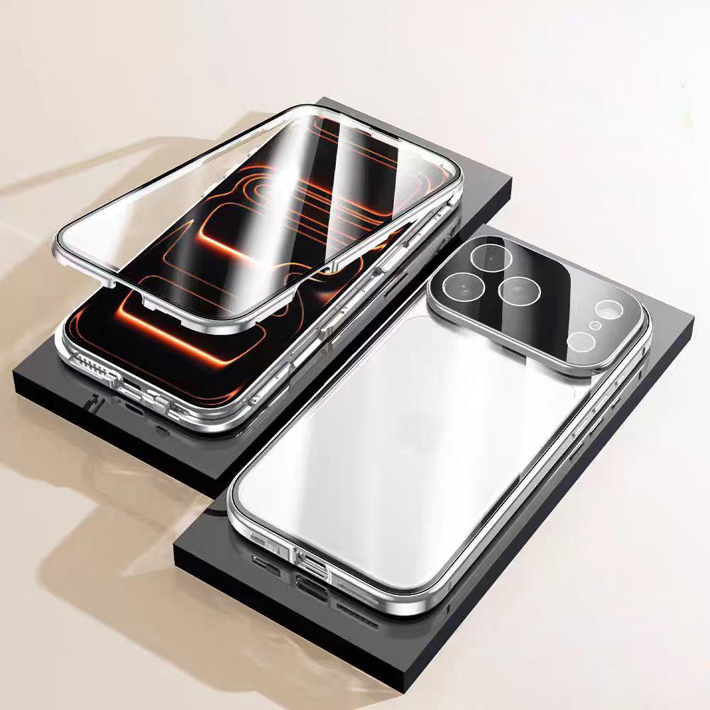 360° Vollschutz Metall Magnetische Handyhülle Für IPhone 17 Air 16 15 14 13 12 11 Pro Max Doppelseitiges Gehärtetes Glas Stoßfeste Hülle For iPhone Air silber