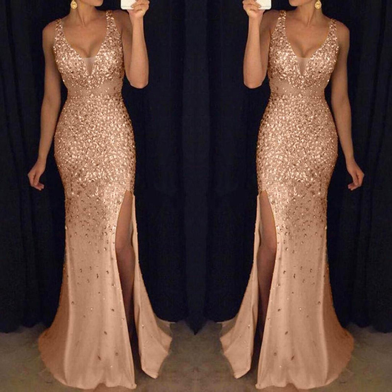 Kleid mit hohem Schlitz Damen Pailletten Abschlussball Party Elegant Dame Rückenfrei Sexy Kleid Damen Gold Elegant Brautjungfer V-Ausschnitt Langes Kleid L gold