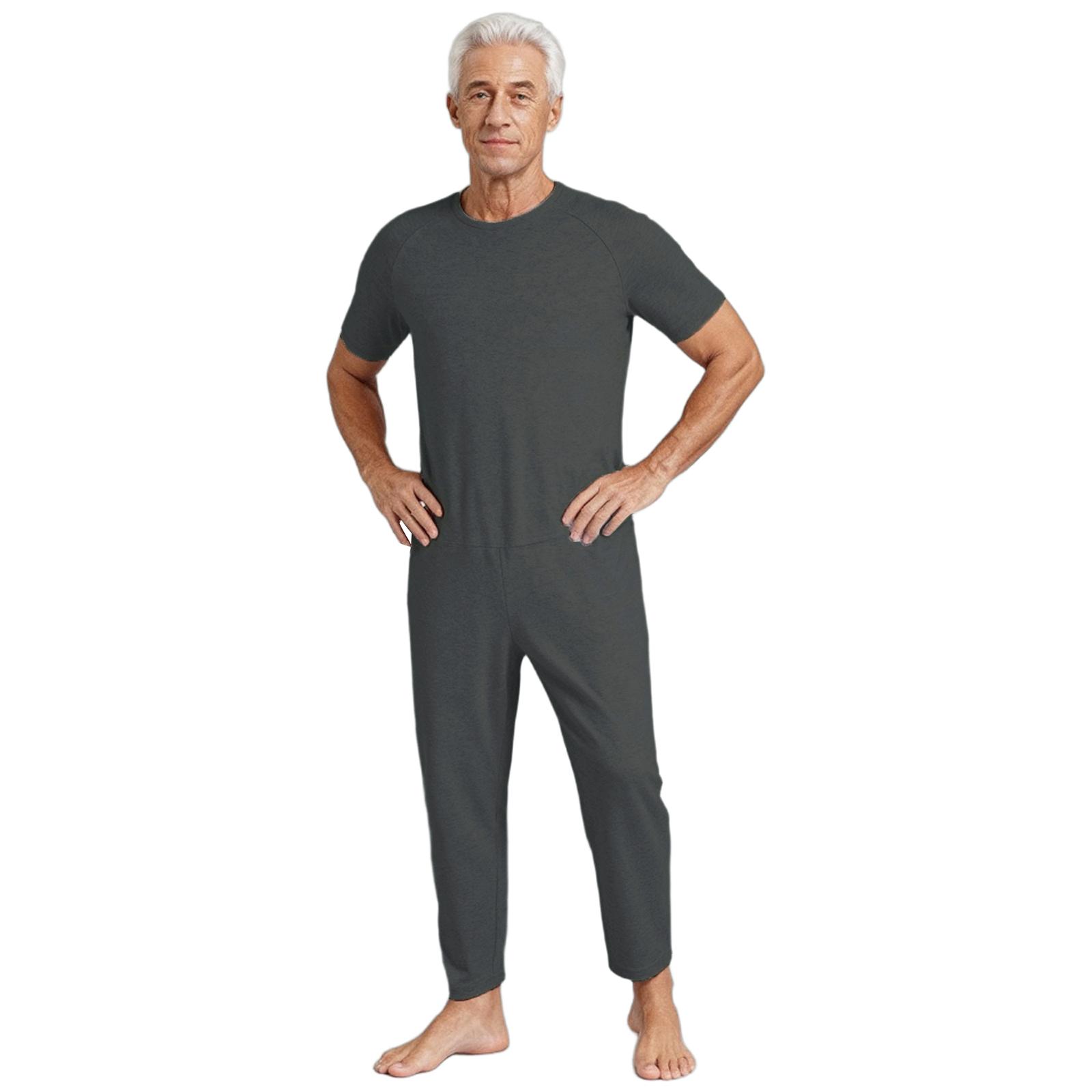 Herren Adaptive Kleidung Einfarbiger Rundhalsausschnitt Kurzarm Reißverschluss hinten Jumpsuit Spezielle Bedürfnisse Kleidung L dunkelgrau
