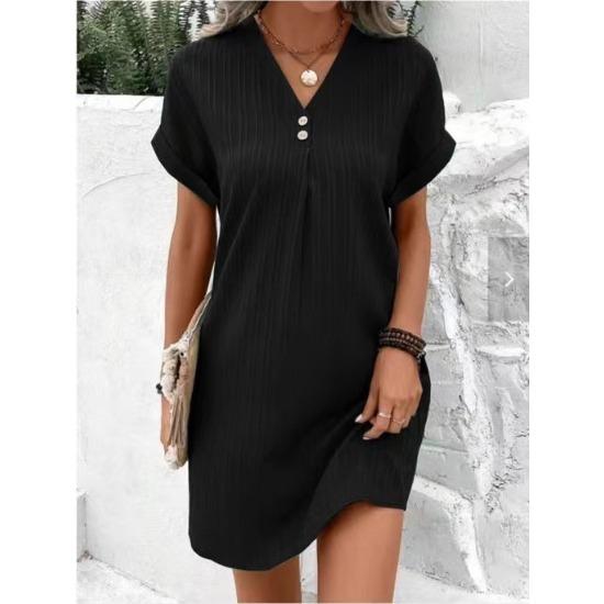 Damenmode Sommer Frühling Einfarbiger Druck Kurzarm V-Ausschnitt Hohe Taille Freizeitkleider XXXL schwarz