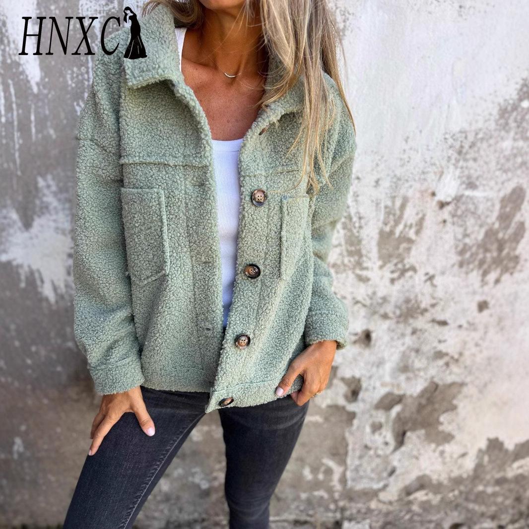 HNXC Damen Vintage Casual Karomuster Herbst Winter Langarm POLO Kragen Jacken & Mäntel S grün