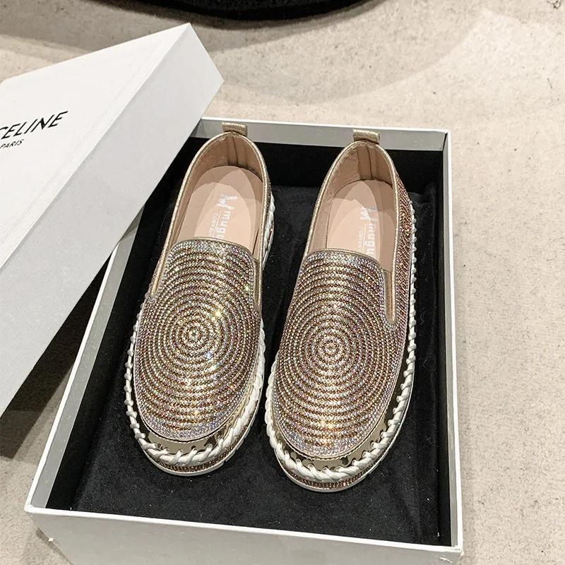 Schuhe Frau Flats Slip-on Casual Weibliche Sneakers Modis Kristall Loafers Mit Fell Runde Zehe Flache Mund Kleid Slip Auf Retro Big 40 gold