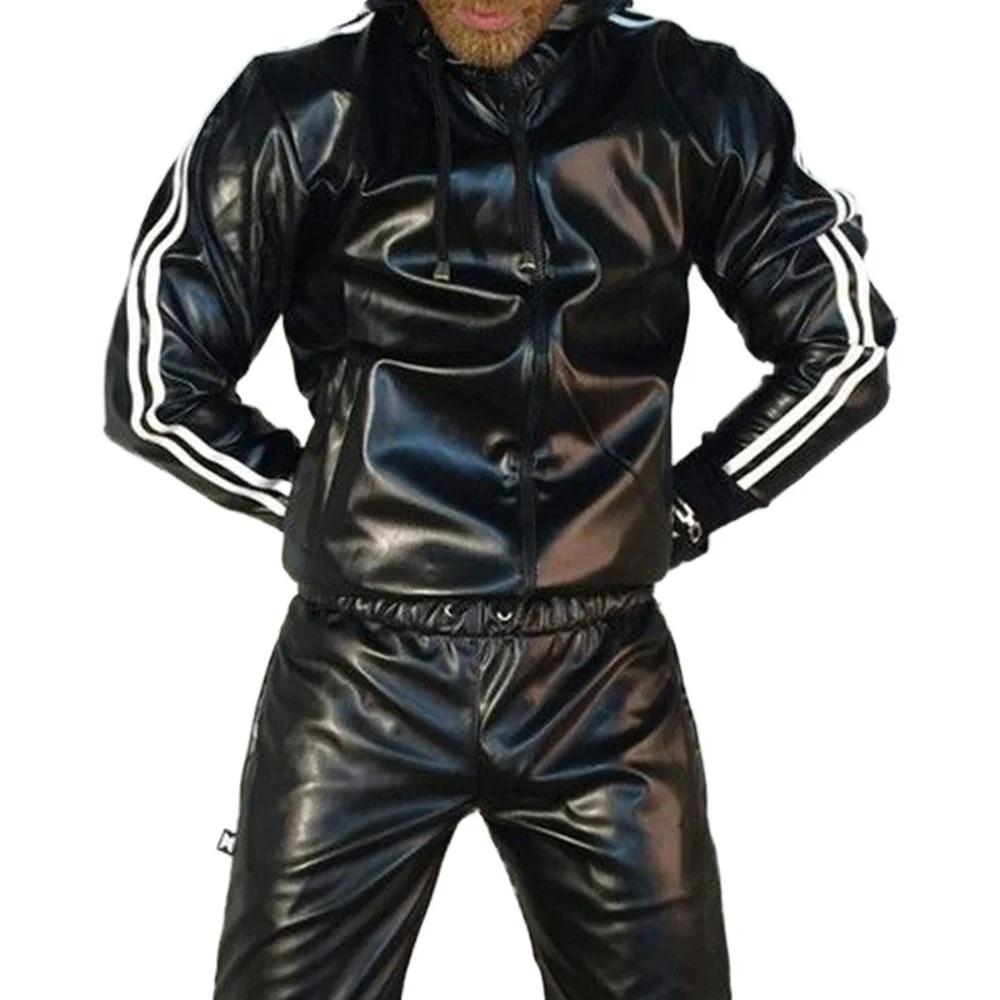 Herren PU-Leder Hoodie Anzug Lässige Sportbekleidung Kapuzen-Jogginganzug Sportbekleidung Herren Outfit Set Juicy Trainingsanzug 4XL schwarz