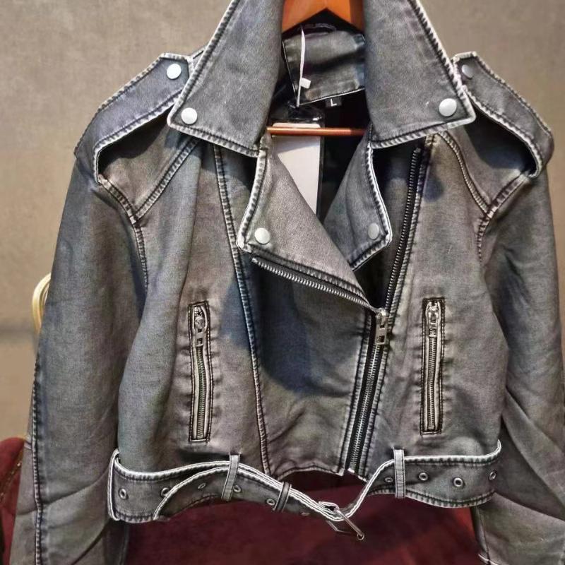 Frauen Herbst Pu Leder Jacke Zipper Gürtel Revers Kurzen Mantel Weibliche Motorrad Schwarz Faux Leder Outwear XXS grau