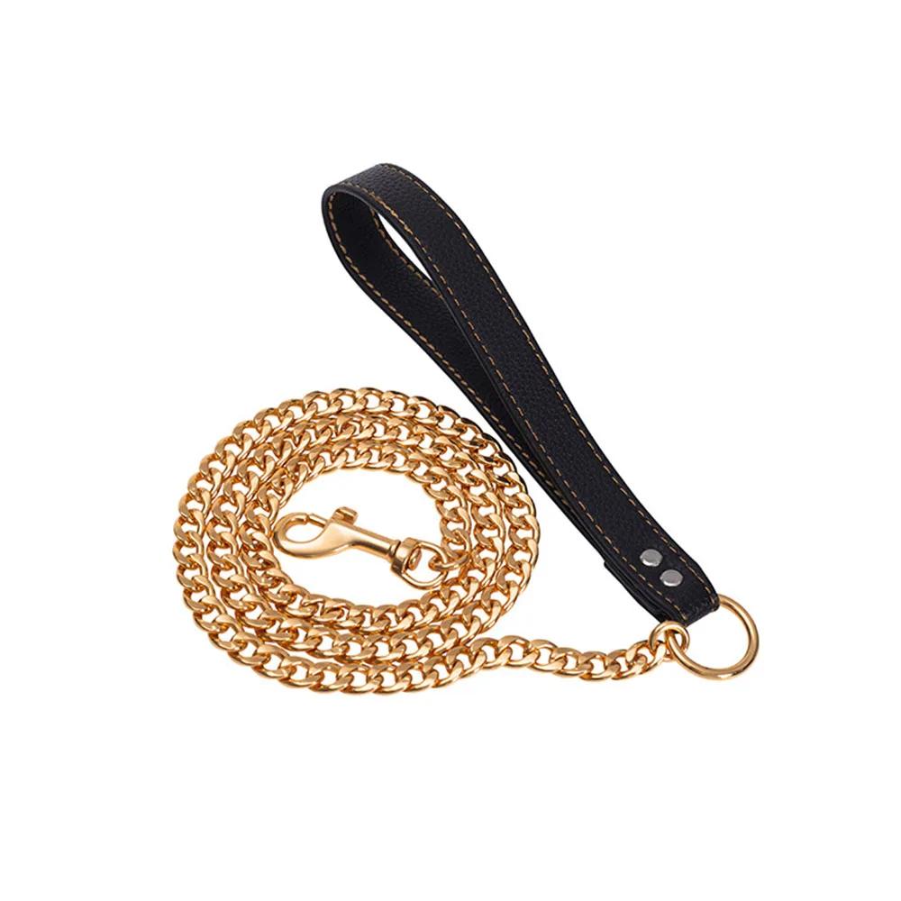 Edelstahl Goldkette Hundeleine Metall Kausicher Schwerlast Hundeleine Kette Mit Leder Gepolstertem Griff Für Große Mittlere Hunde (Rose Gold,125cm x 12mm) rose gold