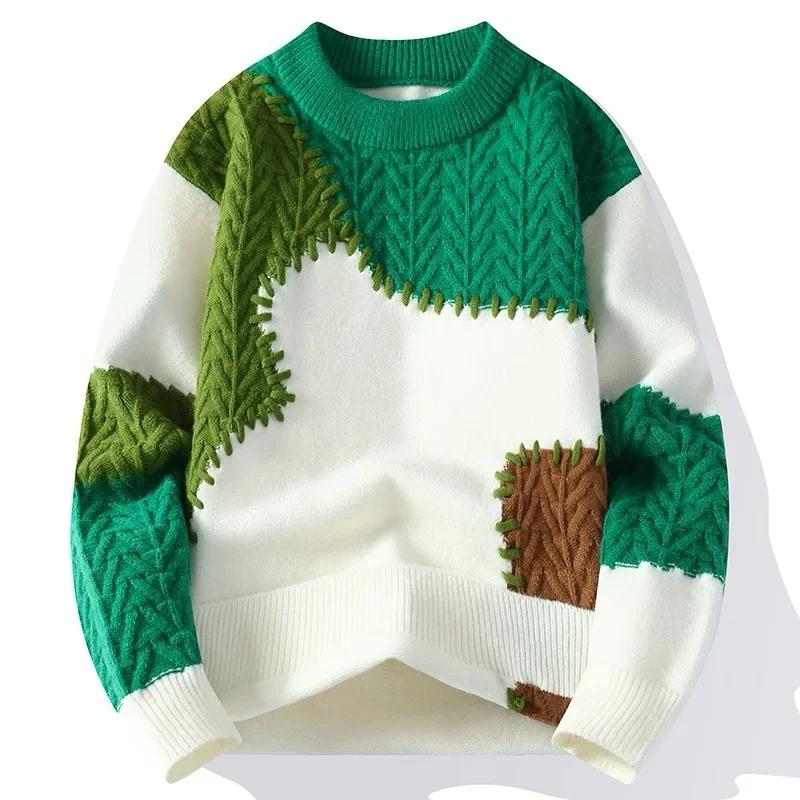 2024 herren Gestrickte Pullover Männer Mode Lässig Patchwork Pullover Herbst Winter Männer Dicke Warme Rundhals Gestrickte Männer Hohe-qualität Pullover M grün