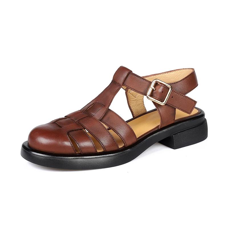 Mode 2025 Damen Sandalen Retro Echtleder Luxus Römische Sandalen Lässig Schnallenriemen Sommerschuhe GLADIATOR Dicke Ferse Damen Schuhe 34 braun