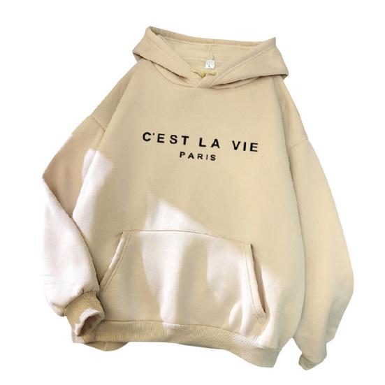 Lange Ärmel Fronttasche Kordelzug Fleece Futter Pullover Hoodie Herbst Winter Brief gedruckt lose Frauen Sweatshirt Streetwear XL khaki