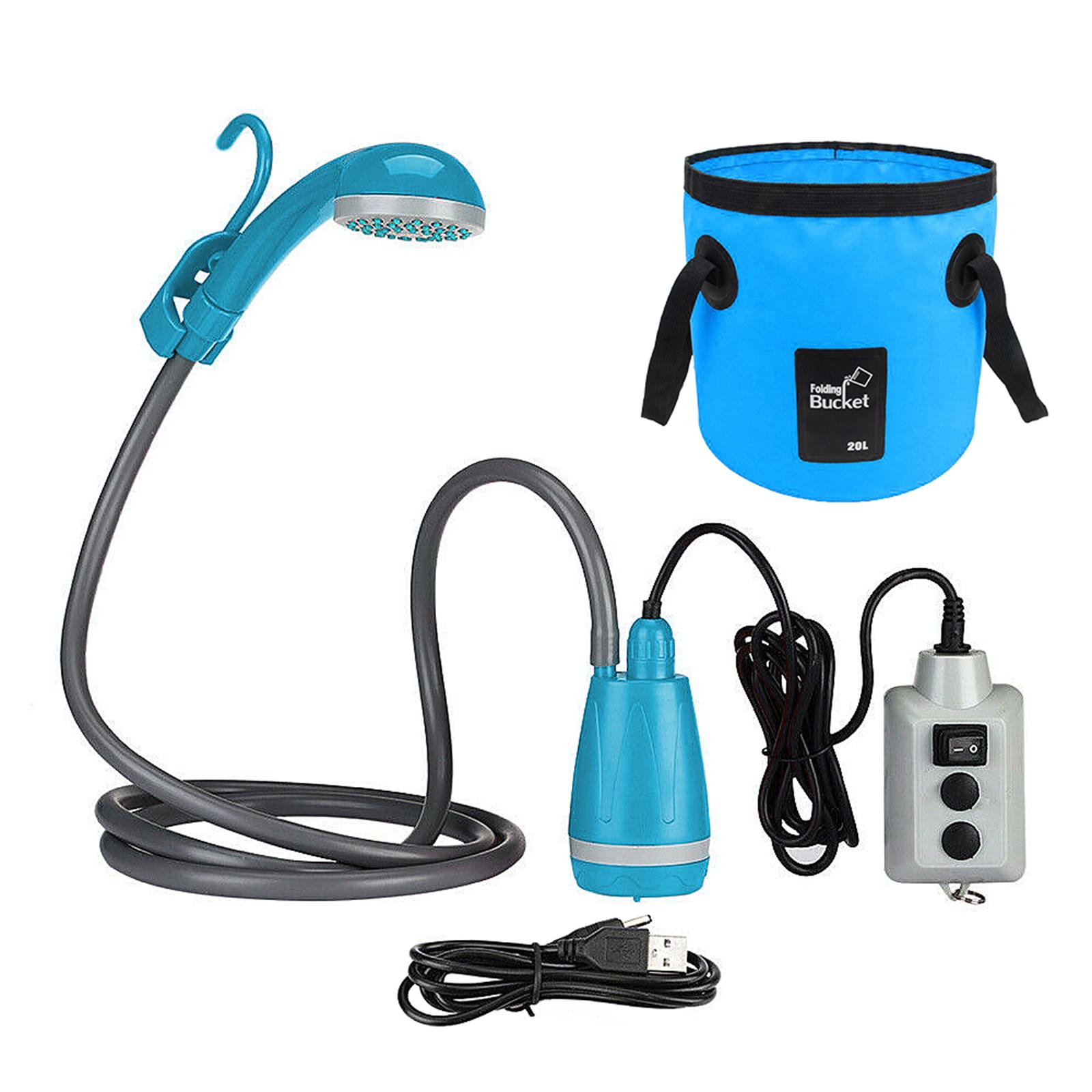 Outdoor-Camping-Duschpumpe, wiederaufladbarer USB-Duschkopf mit faltbarem Eimer für Camping, Wandern Shower Pump with Collapsible Bucket blau