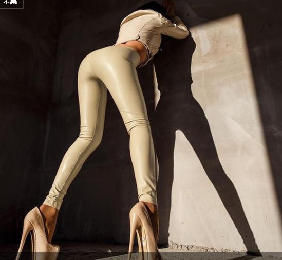 Damenmode Kunstleder Leggings Hohe Taille Stretch Leggings Hose Plus L nude