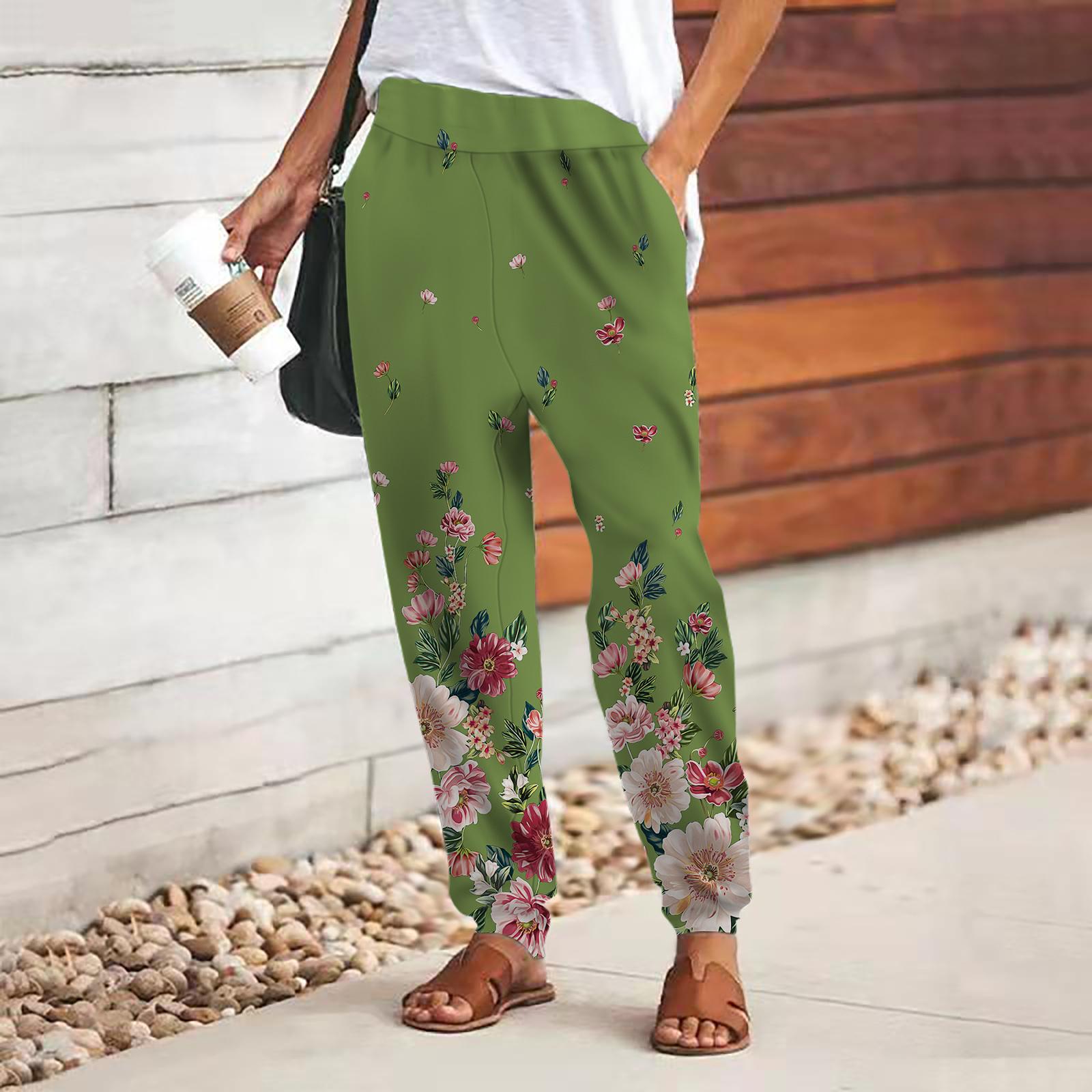 Damenhose mit 3D-Blumen-Print, zum Schnüren, elastischer Bund, lockere Hose, lässige lange Hose, Hose mit Taschen S grün