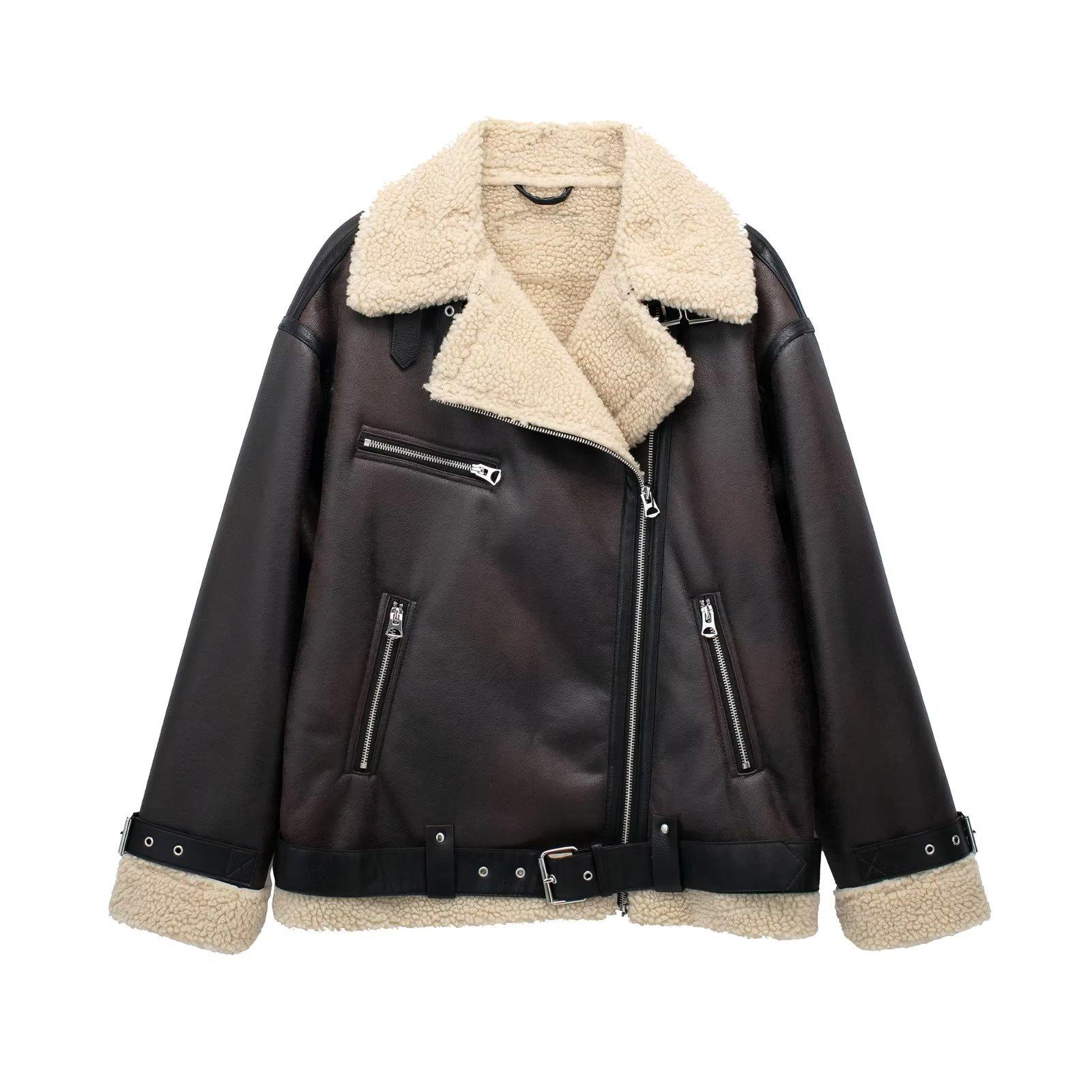 Herbst Winter Damen Faux Leder Doppelseitigen Jacke Revers Lange Ärmel Faux Shearling Futter Verdickte Warme Jacke Mantel S braun
