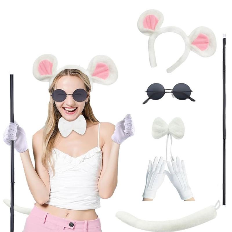 6 Stück Maus Kostüm Zubehör Set Maus Ohren Stirnband Schwanz Sonnenbrille Fliege für Kinder Halloween Party Cosplay Kostüm