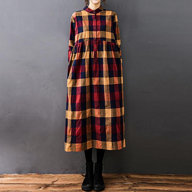 Neue Herbst Winter Frauen Kleid Vintage Plaid Casual Lose Mode Baumwolle Leinen Langarm Elegante Damen Kleider Kleidung M rot