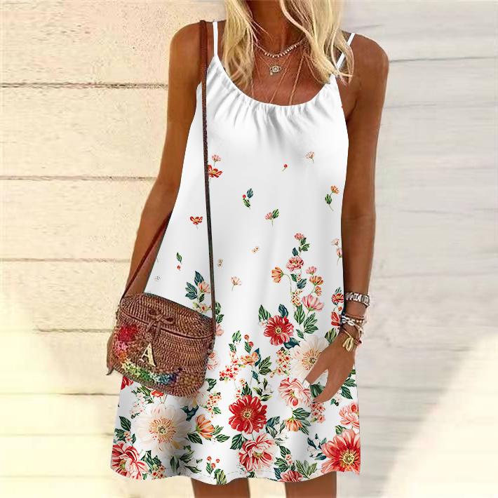 Frauen Blume Fallende Blumen Gedruckt Mini Kleid Ärmelloses Party Kleid Sommer Strand Kleid Sommerkleid L weiß