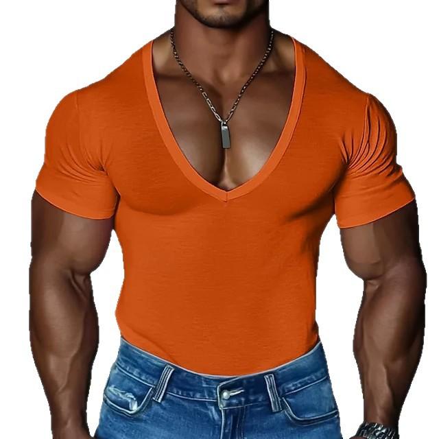 Herren Kurzarm V-Ausschnitt T-Shirt Herren Slim Fit Einfarbig Freizeit T-Shirt Kurzarm Herren Oberteil L orange