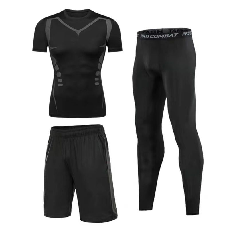 Dreiteiliges Set für Herren, Fitness-Kleidung, Herrenanzüge, schnell trocknende Kleidung, Strumpfhosen, Trainingskleidung, Laufen, Basketball-Kleidung, Sportbekleidung, Langarm M black