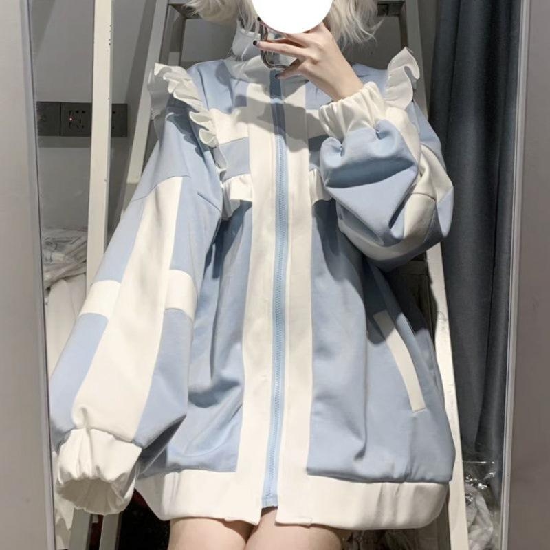 Japanische Streetwear-Jacken für Damen im Lolita-Stil, Stehkragen, Reißverschluss, übergroße Oberbekleidung, Y2k-Oberteile, Rüschen, Kontrastfarbe, schicke Mäntel M hellblaue