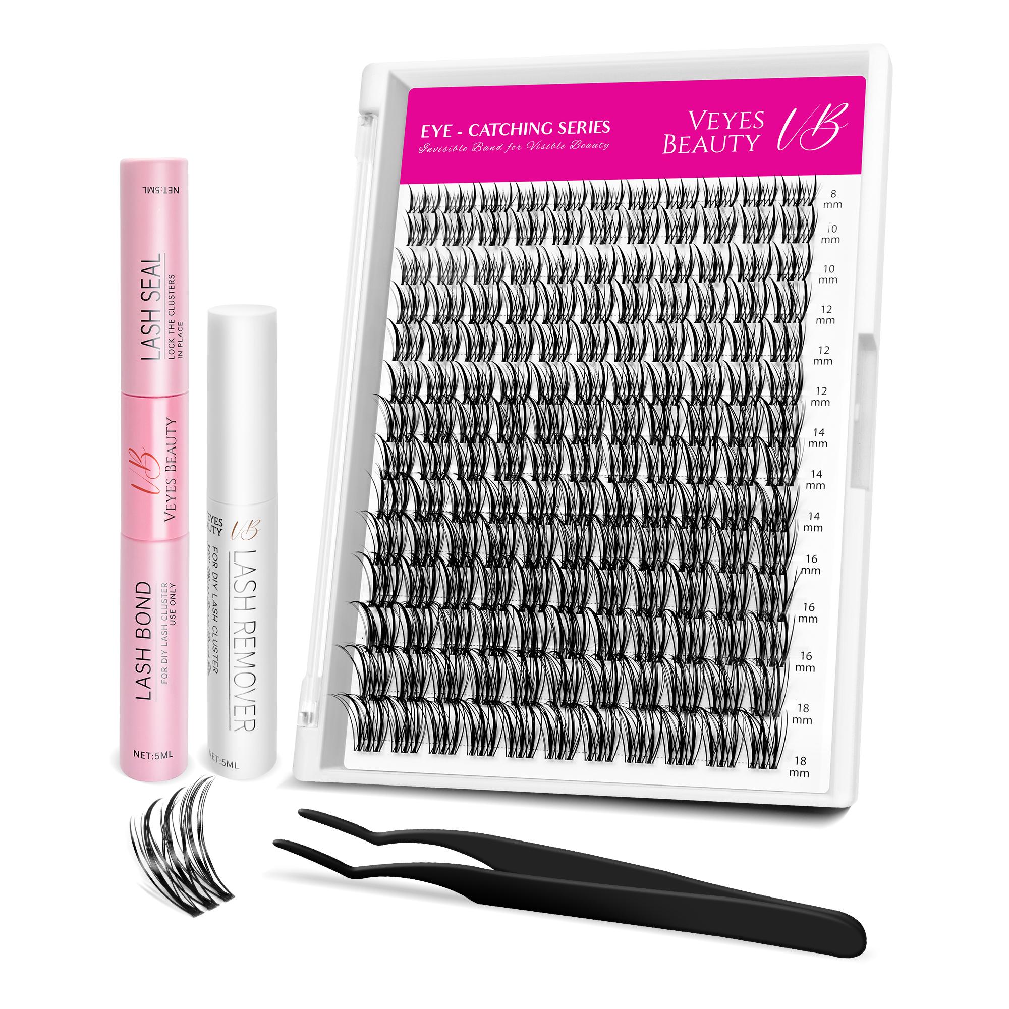 Veyesbeauty Flutter Wimpern-Cluster flattriger Effekt unsichtbares Band 154 Cluster 8-18mm LASH KIT schwarz