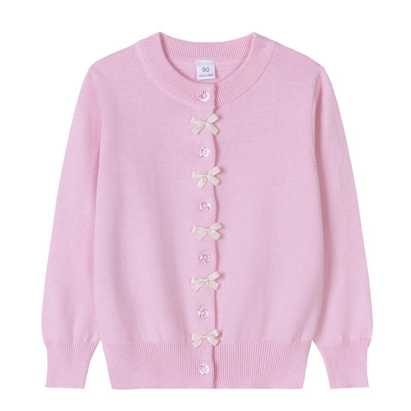 Herbst Neue Baumwolle Bogen Koreanische Strickjacke Mädchen Strickjacke Mit Langen Ärmeln Kleine Kinder Pullover Jacke 160cm rosa