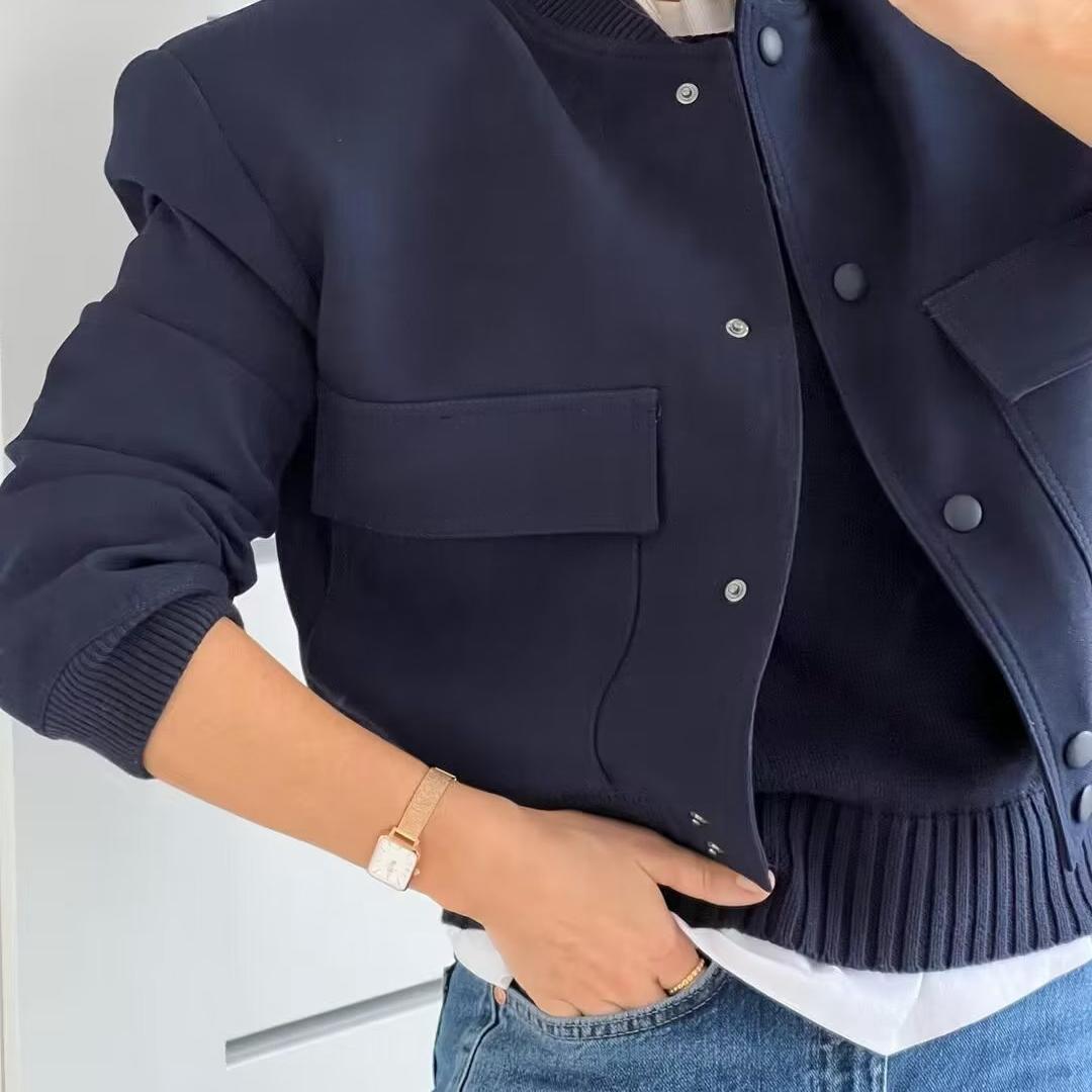 Einreiher Bomberjacke Mantel Frauen Elegante Langarm Große Tasche Kurzmantel Frühling Damenmode Mäntel S dunkelblaue