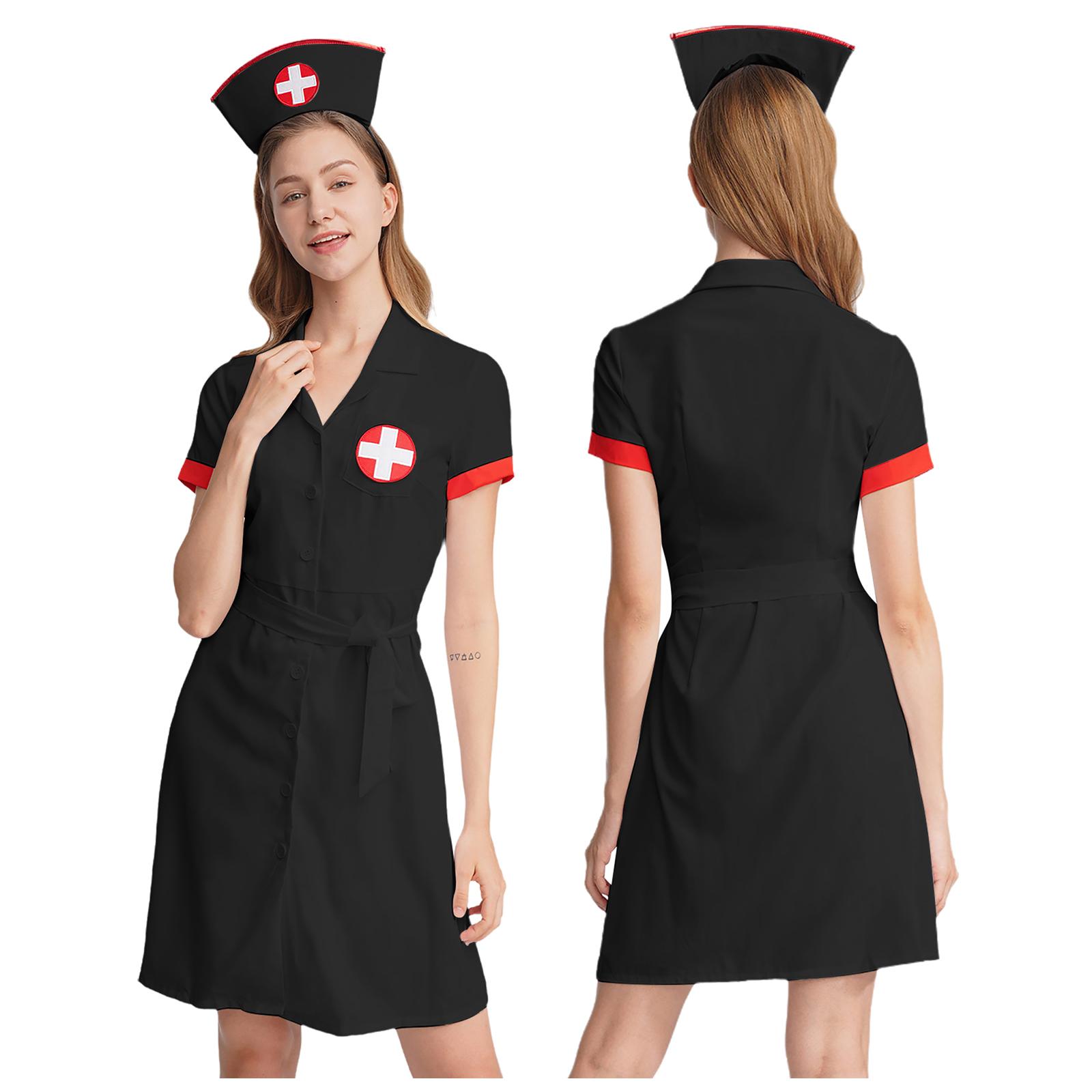 3 Teile/satz Krankenschwester Cosplay Kostüm Kostüm Outfit Rollenspiel Uniform Set für Karneval Halloween 3XL schwarz
