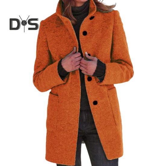 Damen Wintermantel Einreihig Retro Stehkragen Lange Ärmel Knöpfe Strickjacke Mittellang Frühling Herbst Outdoor Wollmantel M