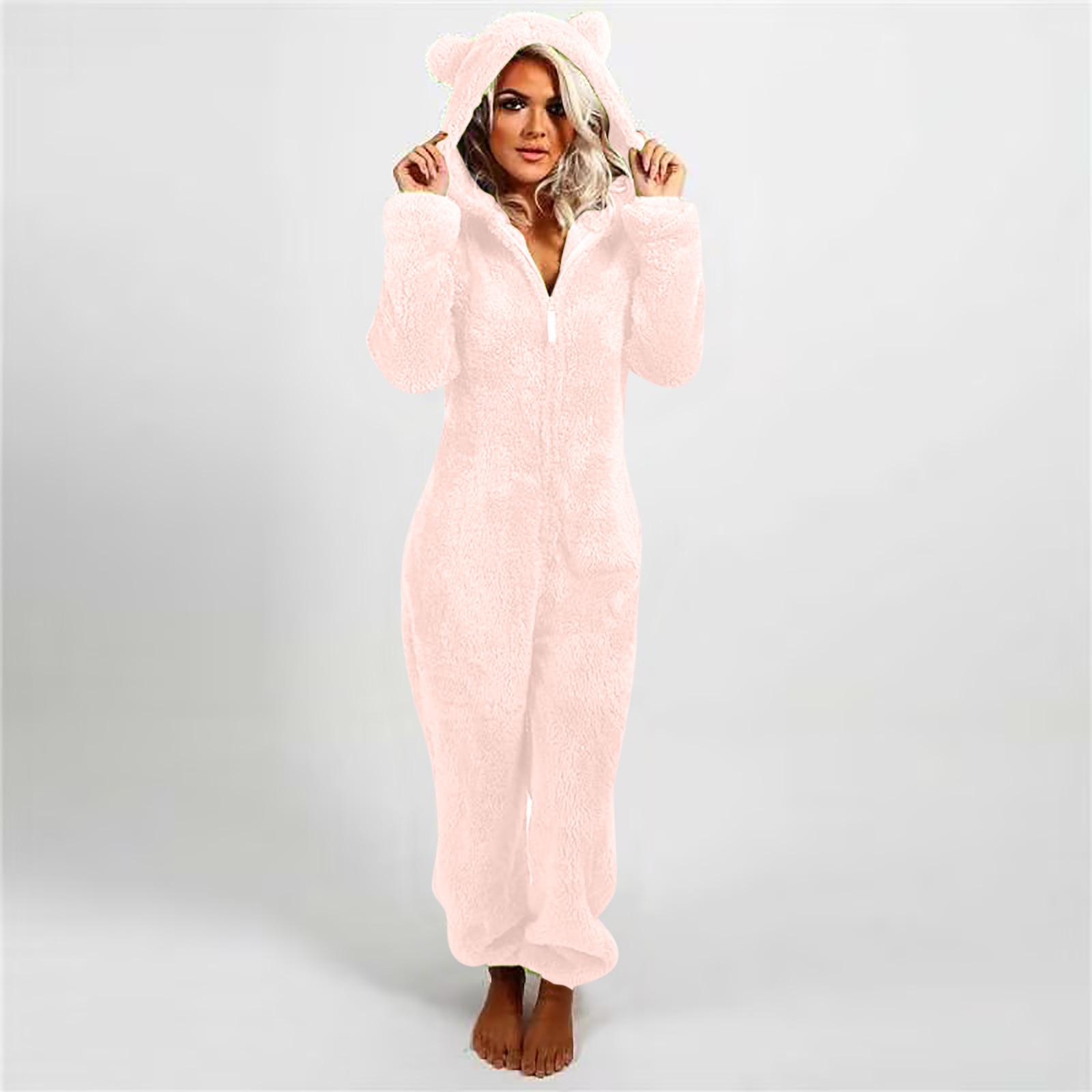 Modischer Onesies-Schlafanzug aus Fleece, Nachtwäsche, Overall, Übergröße, Kapuzen-Set, Schlafanzug für Damen und Erwachsene, für den Winter, warmer Pyjama für Damen XXL hellrosa