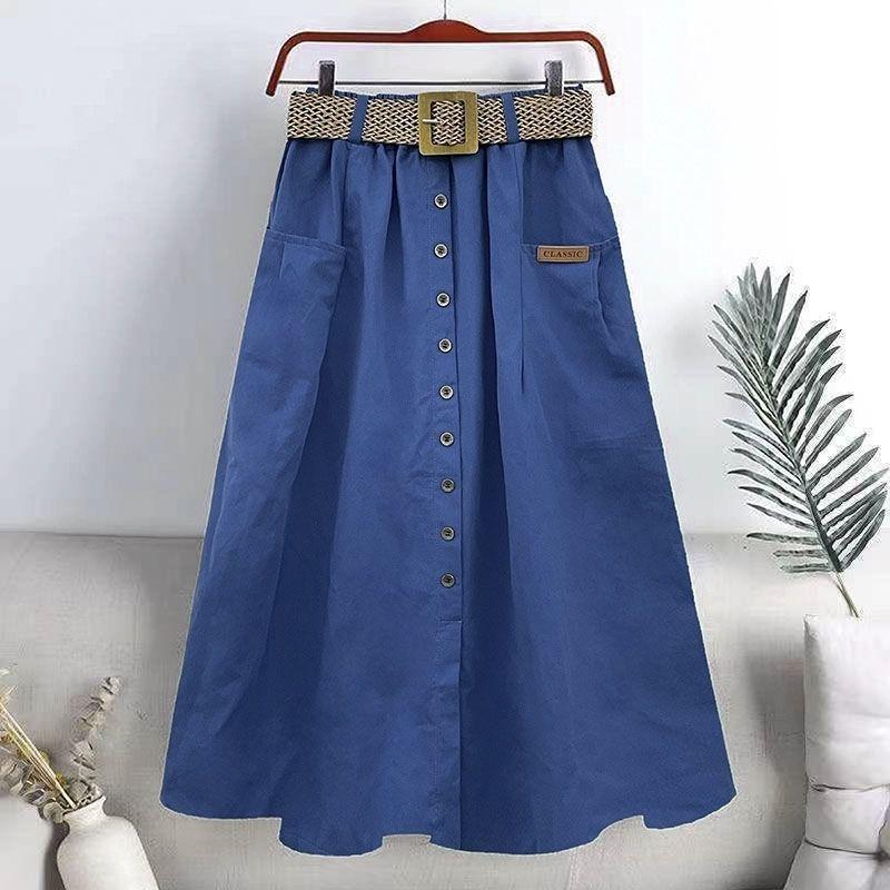 Baumwolle Midi Rock mit Gürtel Frauen Einreiher große Taschen hohe Taille A-Linie Rock Herbst Sommer koreanische Mode langen Rock XL blau