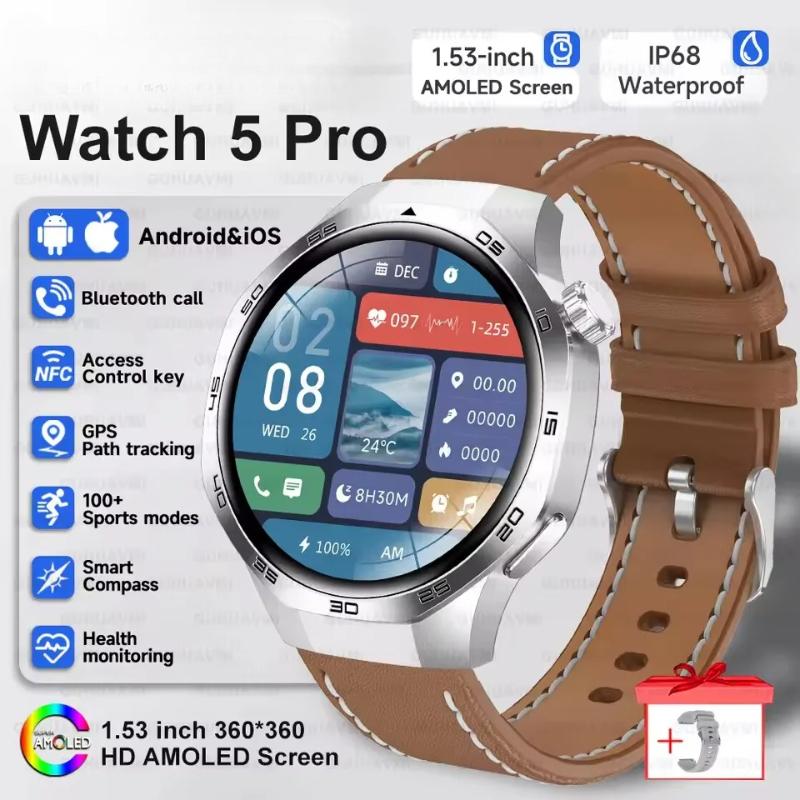 2025 Neue Watch GT5 Max Smartwatch HD AMOLED Bildschirm NFC GPS Tracker Bluetooth Anruf Gesundheit Wasserdicht Smartwatch Männer Frauen Für Huawei Brown Leather