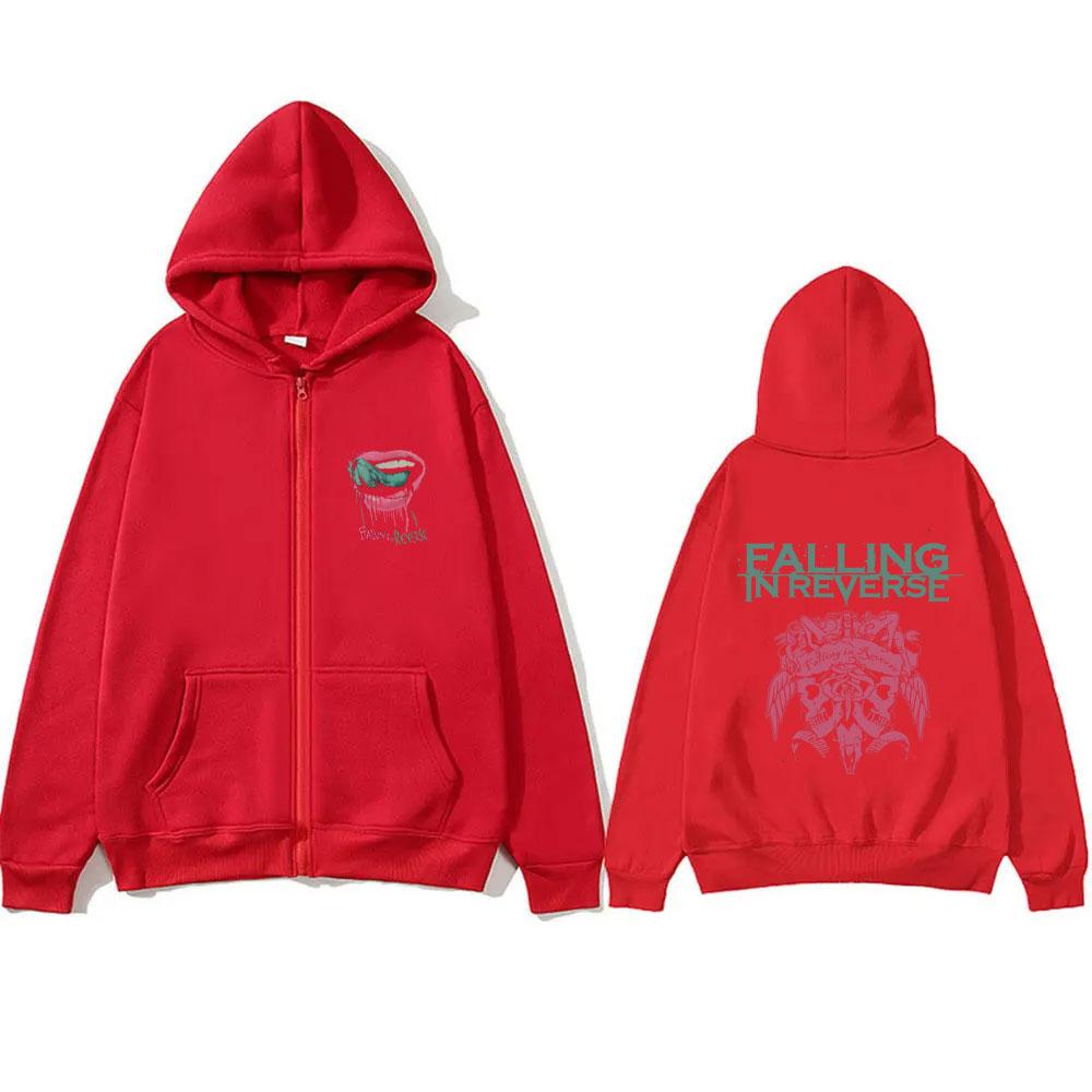 Falling in Reverse Reißverschluss Hoodie Herren Damen Gothic Rock Zip Up Jacke Herren Freizeit Oversized Streetwear Männliche Mode Hoodies Mantel 3XL rot