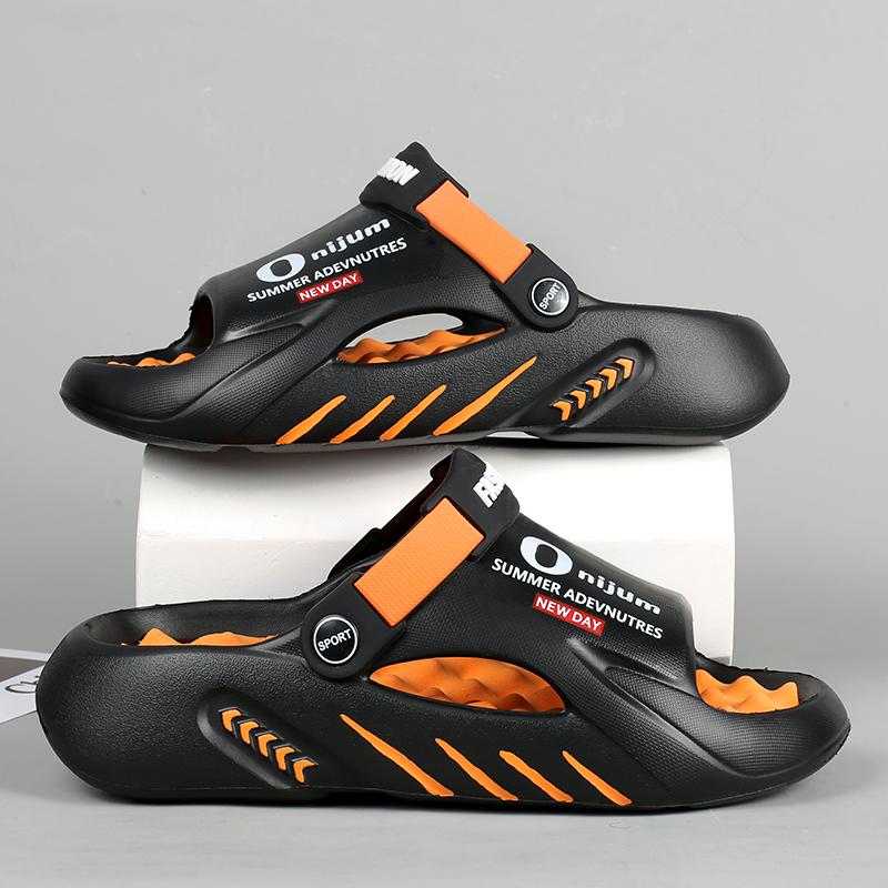 Sommer Herren Massage Hausschuhe Outdoor Sandalen Strand Bequeme Weiche Rutschen Indoor Freizeitschuhe Herren Sandalen 46-47 orange/schwarz
