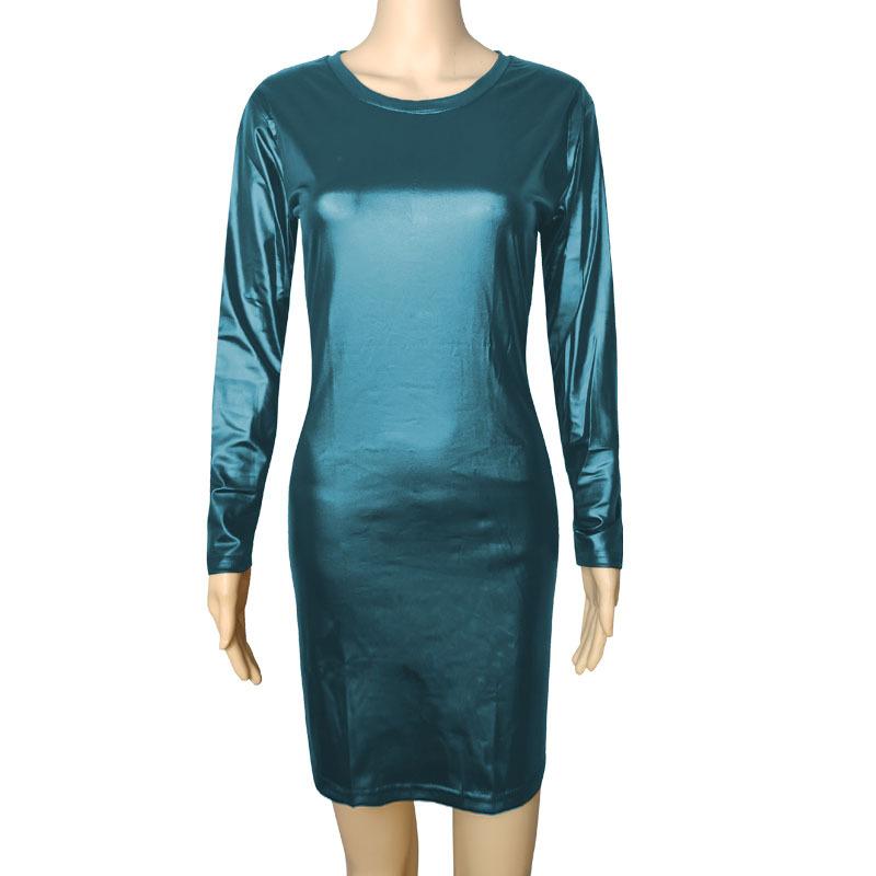 Europäische und amerikanische Damenkleider aus Kunstleder, modisches, langes, kurzärmliges Wickelkleid S blue