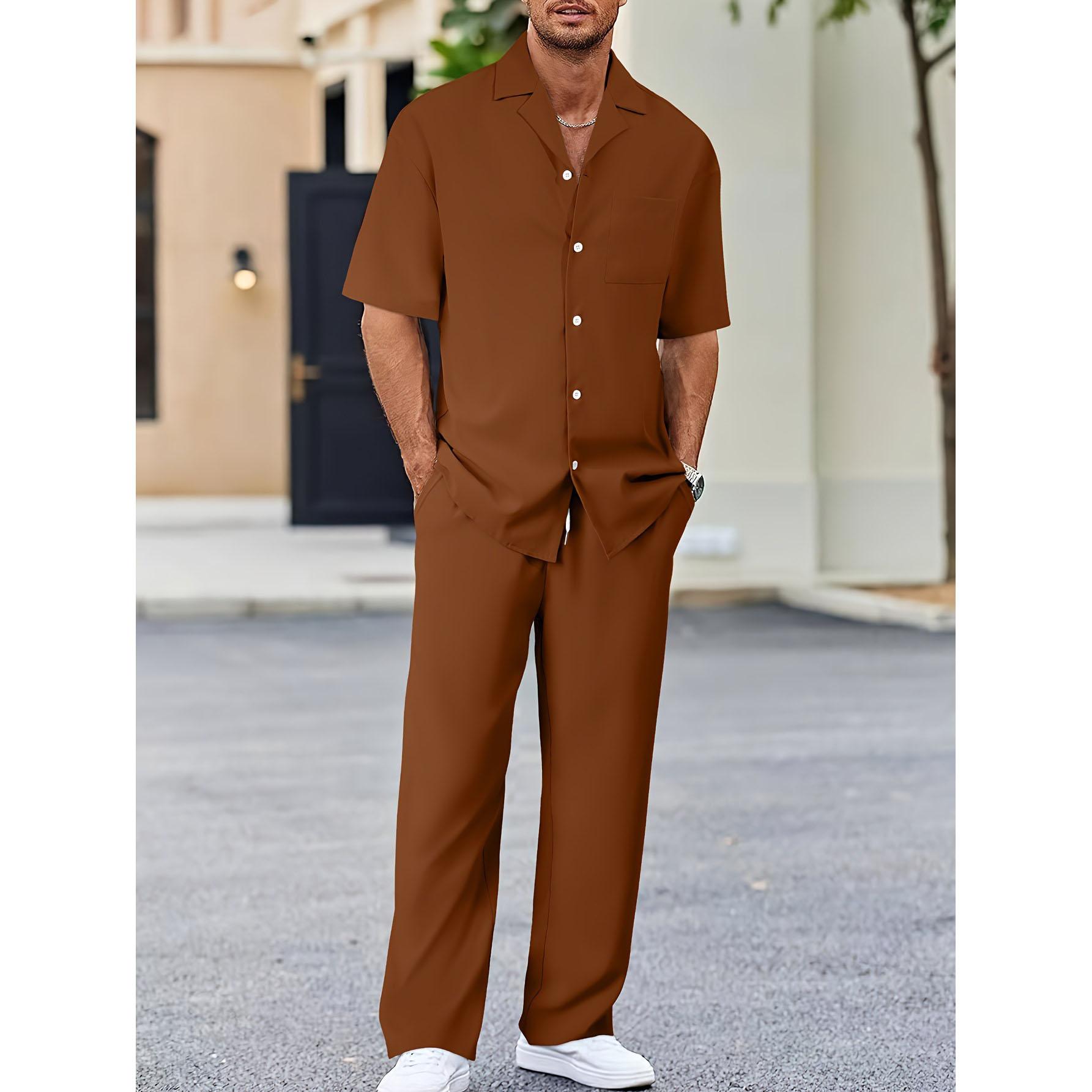 (Hemd+Hose) Sommer Herrenmode Klassisches Hemd Herren Business Casual Shirts Herren Ein Satz Kleidung XL braun