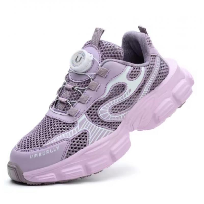 Sommer Mesh Damensicherheitsschuhe Atmungsaktiv Rutschfest Drehknopf Stahlkappe Arbeits-Sneaker Schutz-Arbeitsschuhe für Damen 42 violett