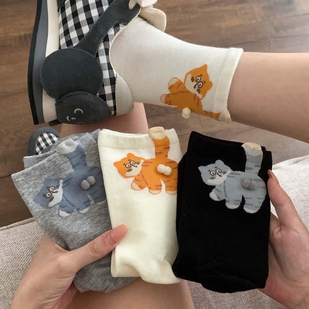 3 Paar Damen Niedliche Katzen Socken Frauen 3D Katzen Socken Ausgefallene Socken Frühling Herbst und Winter 3 Pairs bunt