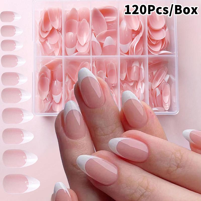 120/240/360 Stück/Box Glänzende Weichgel Rosa Französische Nagelspitzen Mittlere Mandel Weiß Einfache Press-On Nägel Große Kapazität Falsche Nägel 120Pcs pink