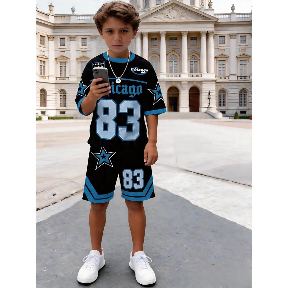 Neues geometrisches All-Over-Print T-Shirt-Set für Jungen Kinder Kurzarm-Shorts-Set Atmungsaktiv Schnelltrocknend Entworfen Kinderkleidung Jungen 160 black