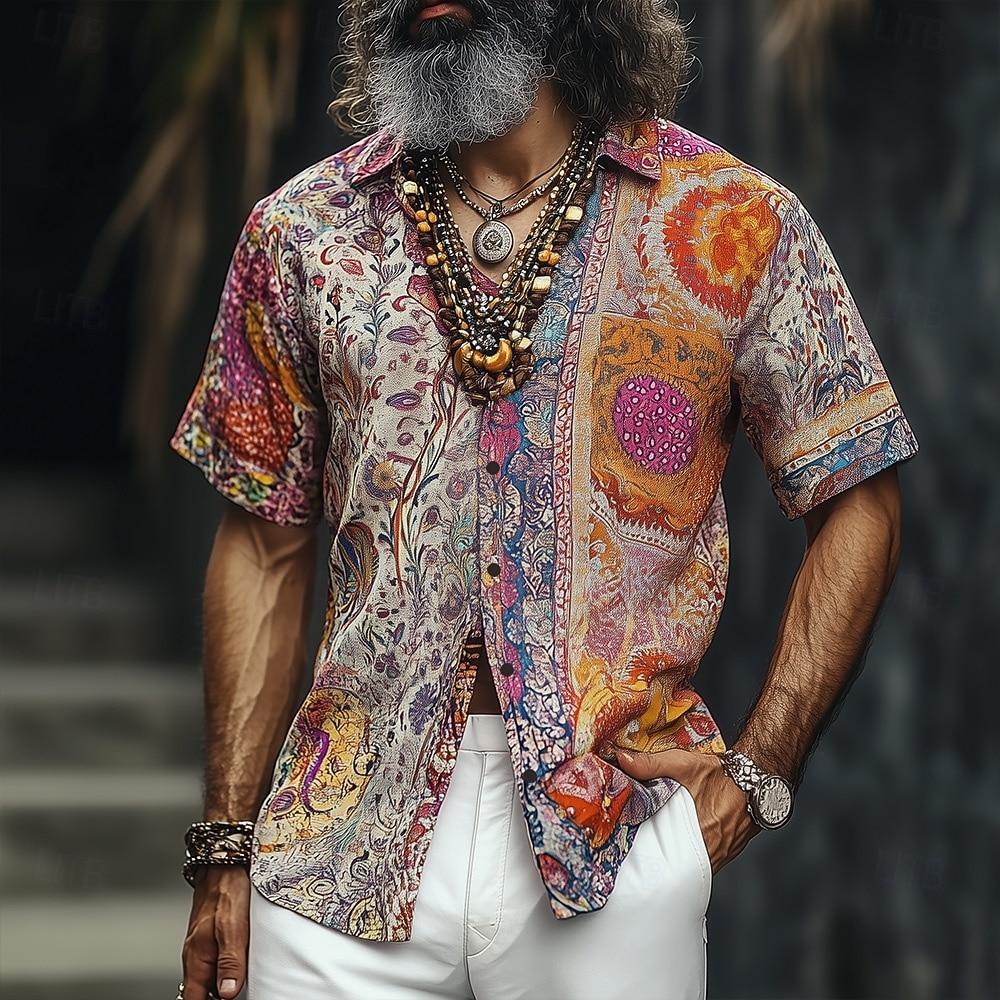 Herren Floral Print Indisch Boho Hemd Sommer Hawaiianisches Hemd Hemd mit Knöpfen Kurzarm 2XL