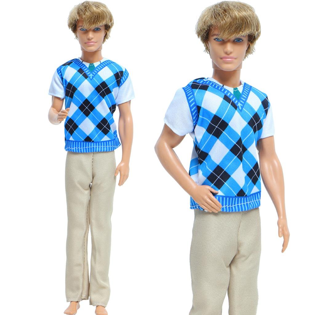 1 Set Puppen-Outfit für Ken-Puppen, Herren, Alltagskleidung, Mischung aus gestreiftem T-Shirt, Hemd, Hosen, Hosen, Shorts, Freizeitkleidung für Ken-Puppen, Kinderspielzeug-Zubehör khaki/blau