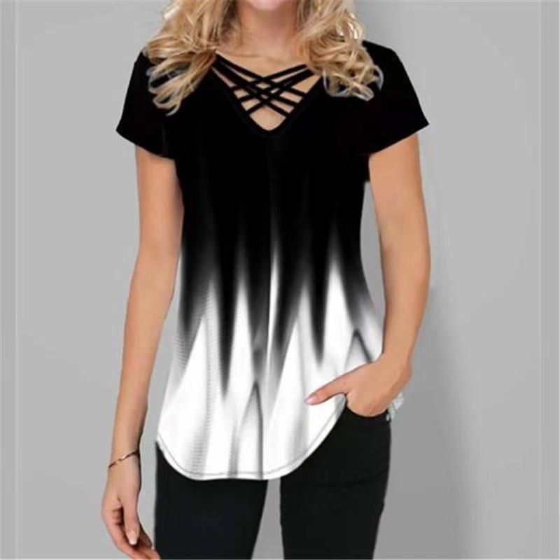 Damenmode, Sommer, lässig, locker, kurzärmelig, Farbverlaufsdruck, O-Ausschnitt, Hemd und Blusen, T-Shirt, gemütliche Oberteile XL weiß